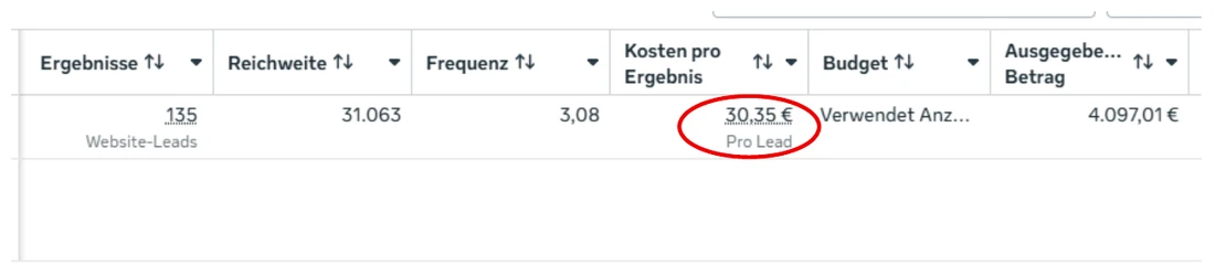 Werbekonto-Auswertung Baufinanzierung: 135 Website-Leads zu 30,35 € pro Lead