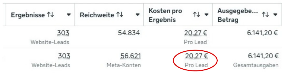 Werbekonto-Auswertung Edelmetall: 303 Website-Leads zu 20,27 Euro pro Lead