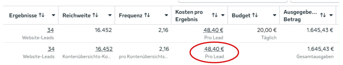 Werbekonto-Auswertung Kapitalanleger Immobilien: 34 Website-Leads zu 48,40 € pro Lead
