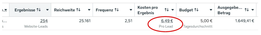 Werbekonto-Auswertung Sterbegeld: 254 Website-Leads zu 6,49 € pro Lead bei 1.649,41 € Ausgaben