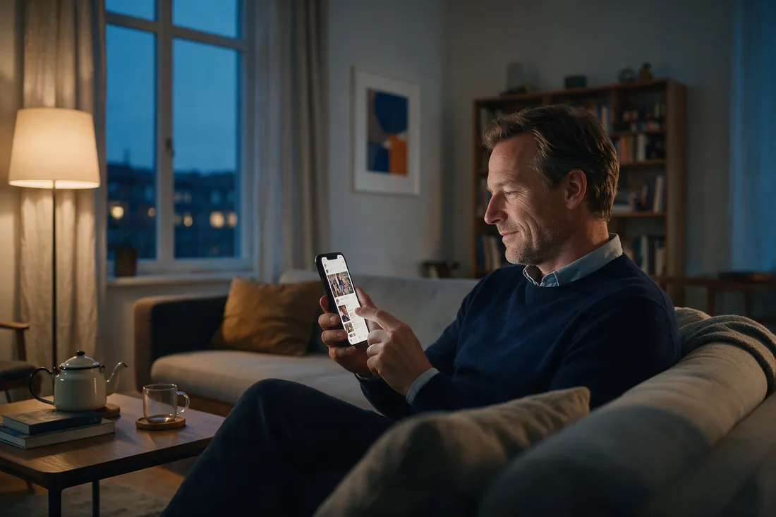 Unternehmer entdeckt abends auf dem Smartphone ein passendes Angebot