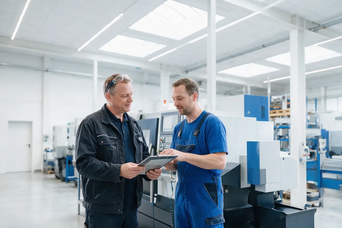Betriebsleiter im Gespräch an der Maschine