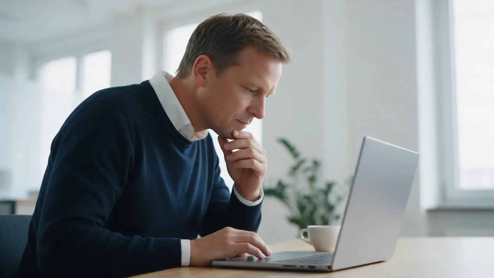 Unternehmer sitzt am Schreibtisch, die Hand am Kinn, und prüft konzentriert seine Kampagne auf dem Laptop