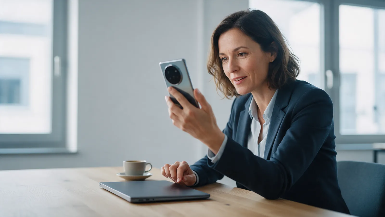 Unternehmerin sitzt am Tisch und schaut auf ihr Smartphone, um eine neue Anfrage zu lesen
