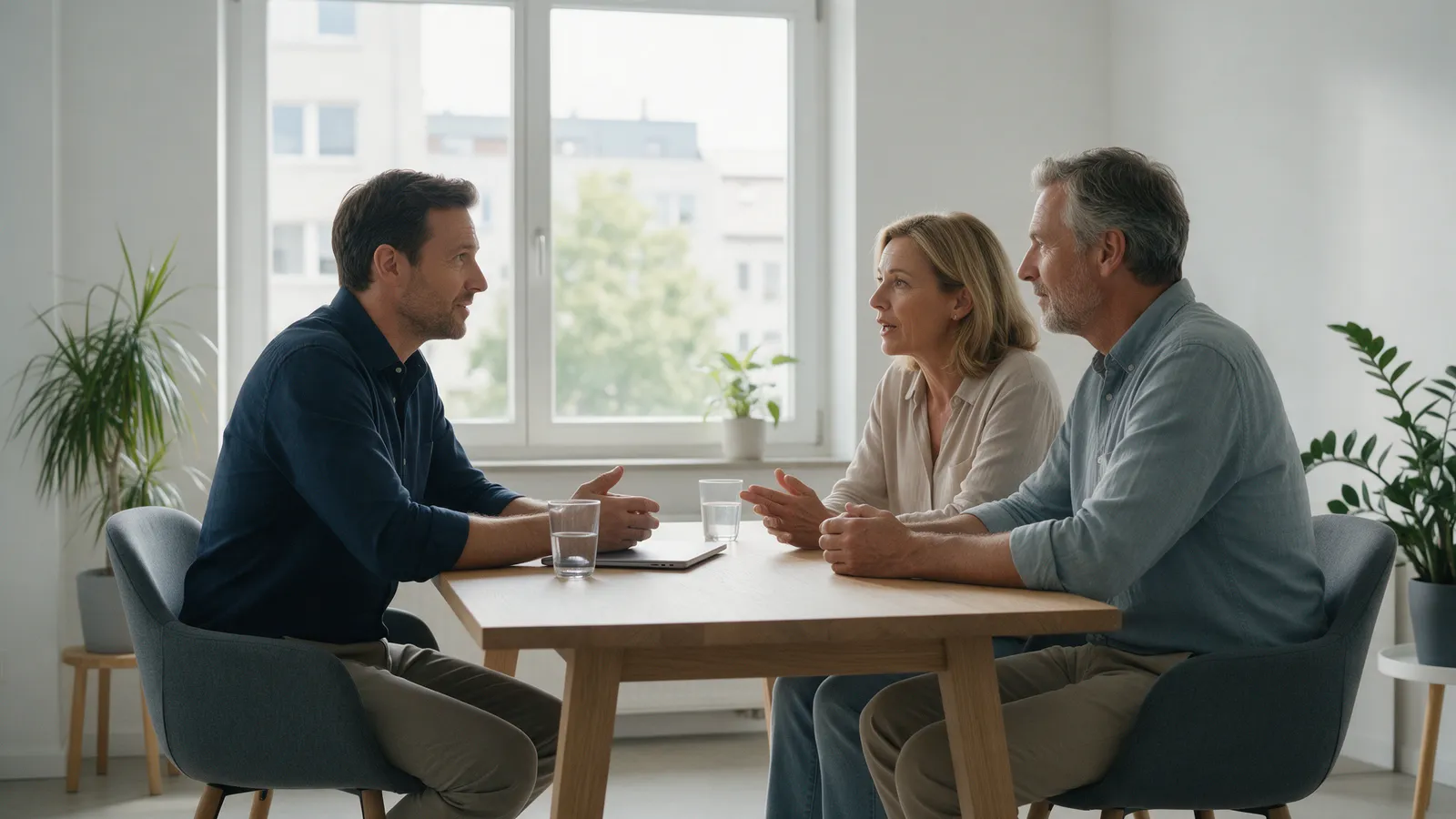Immobilienmakler im Erstgespräch mit einem Eigentümerpaar am Besprechungstisch