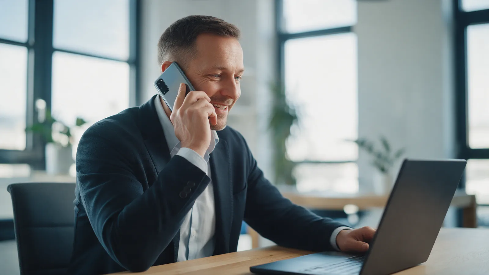 Makler telefoniert am Schreibtisch mit dem Smartphone und ruft einen Interessenten zurück